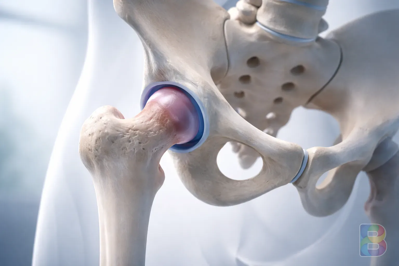 photorealistic, anatomical 3d render of a human hip joint showing the ball and socket structure, clean clinical background, blue and white professional tones, high detail