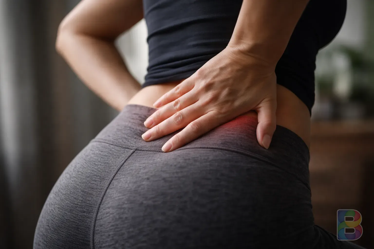 photorealistic, detail shot of a person's hand pressing against their hip in discomfort, indoor setting with soft window light, cinematic lighting, high contrast