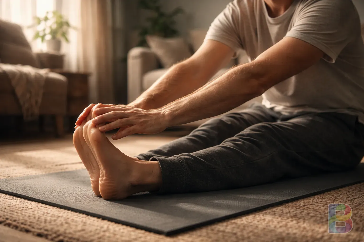 photorealistic, a person sitting on a yoga mat stretching their legs gently, warm home environment, natural lighting, serene atmosphere