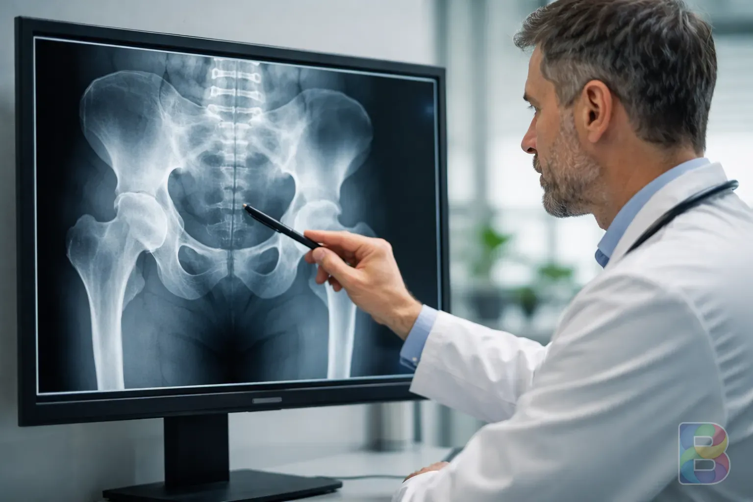 photorealistic, a doctor pointing at a hip x-ray on a monitor, professional medical setting, clear and sharp focus, clinical lighting