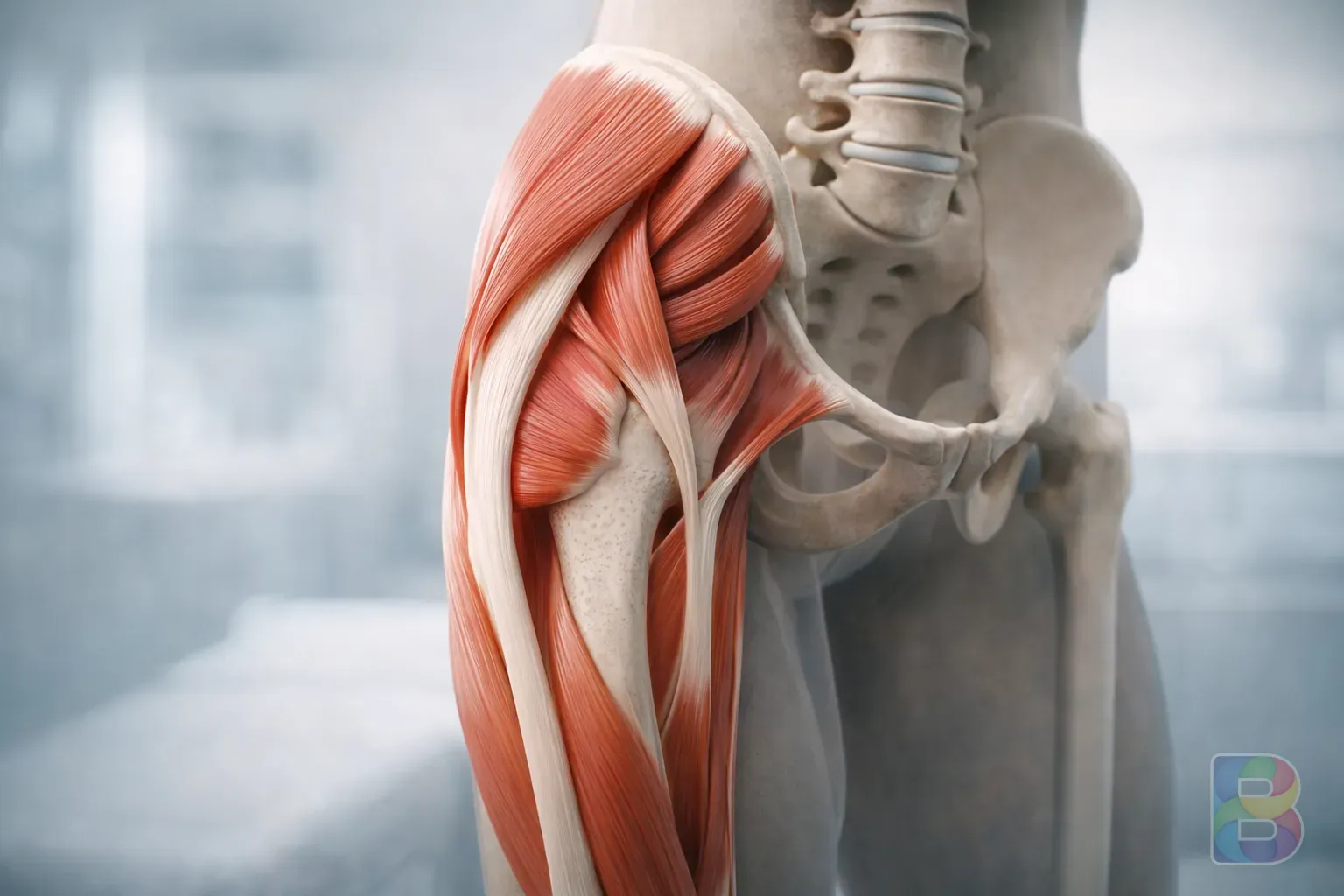 photorealistic, anatomical 3D render of the human hip joint highlighting the outer muscles and tendons, clean clinical background, soft blue and white tones, high detail