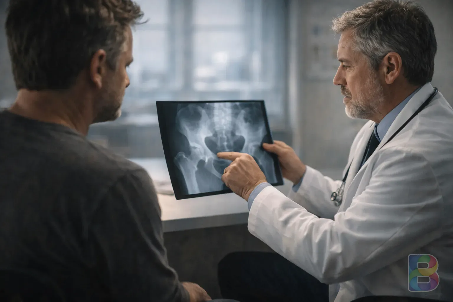 photorealistic, professional doctor showing a hip x-ray to a patient in a modern office, clinical and reassuring mood, high quality photography