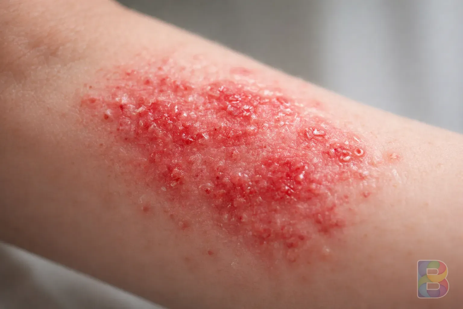 photorealistic, close-up of a red skin rash on a person's arm, soft clinical lighting, macro photography, high detail