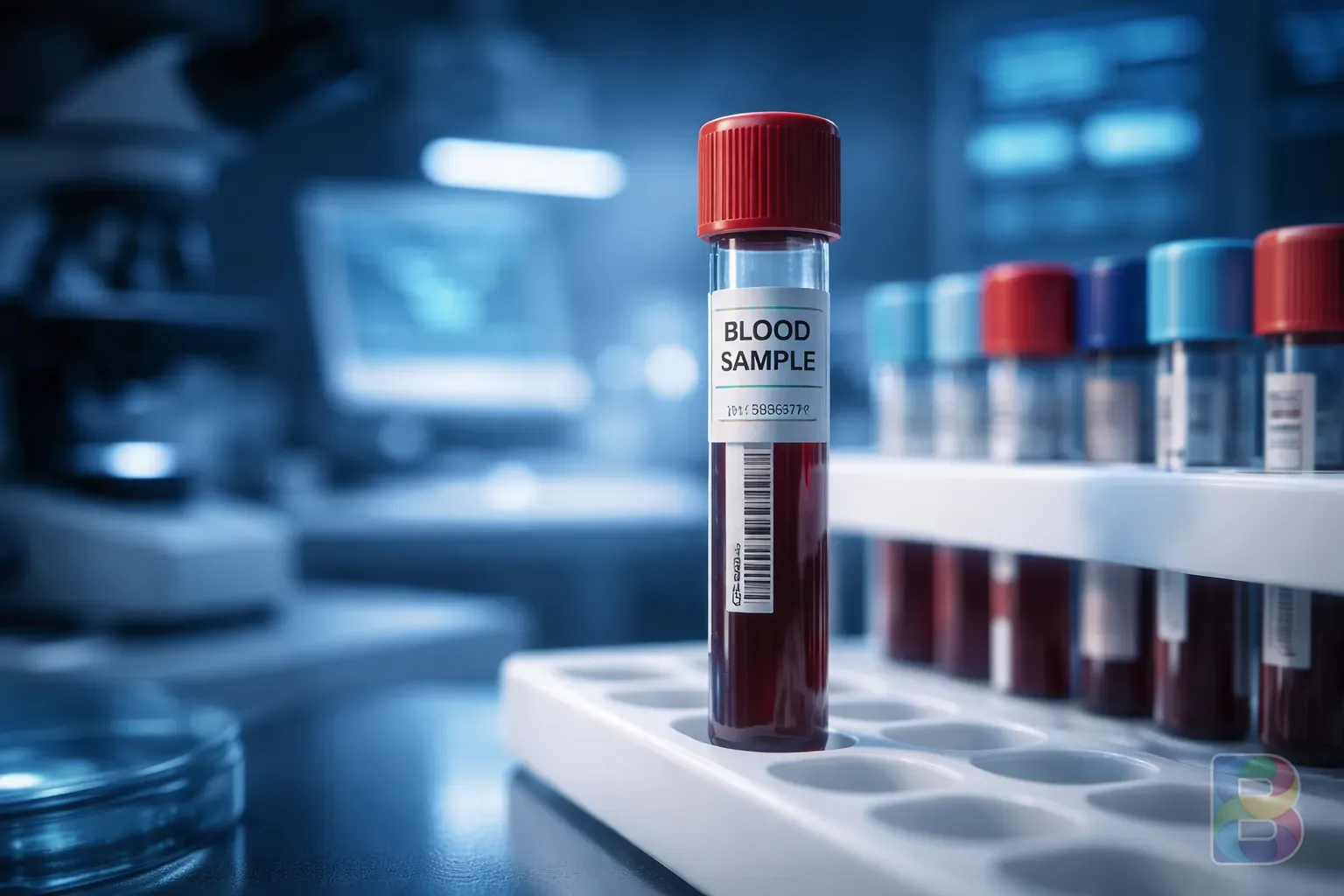 photorealistic, detail shot of a blood sample vial in a laboratory setting, clinical blue lighting, high-tech diagnostic equipment, cinematic lighting