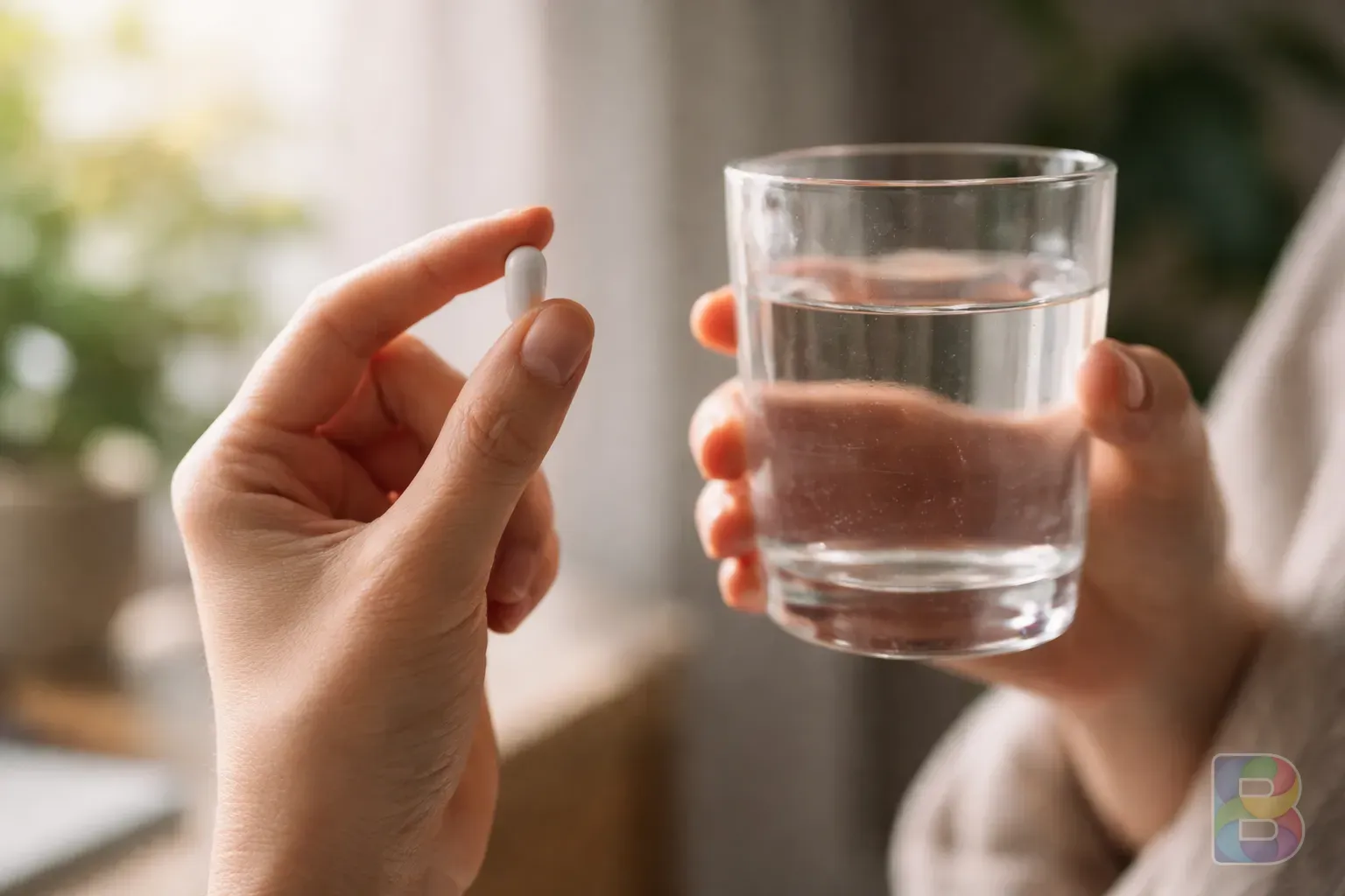 photorealistic, a person's hand holding a small pill and a glass of water, soft morning sunlight, calm and peaceful mood, high detail