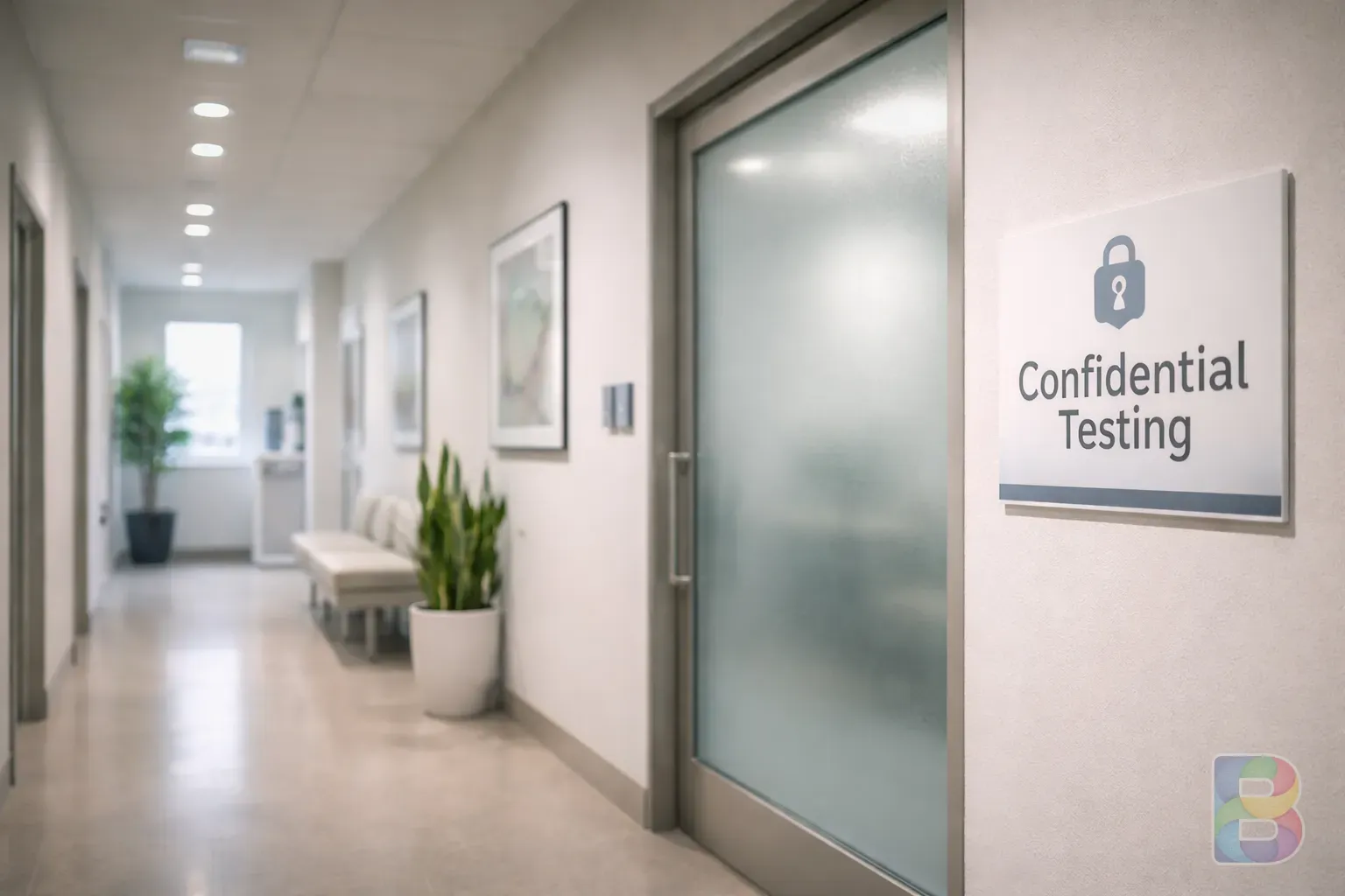 photorealistic, a clean modern clinic hallway with a sign indicating 'Confidential Testing', soft natural lighting, reassuring and professional atmosphere