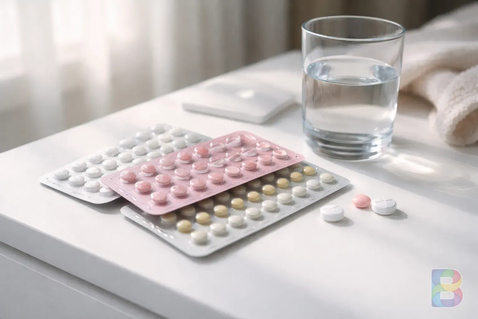 photorealistic, close-up of various hormone medication blister packs and a glass of water on a clean white bedside table, soft natural light, professional medical aesthetic