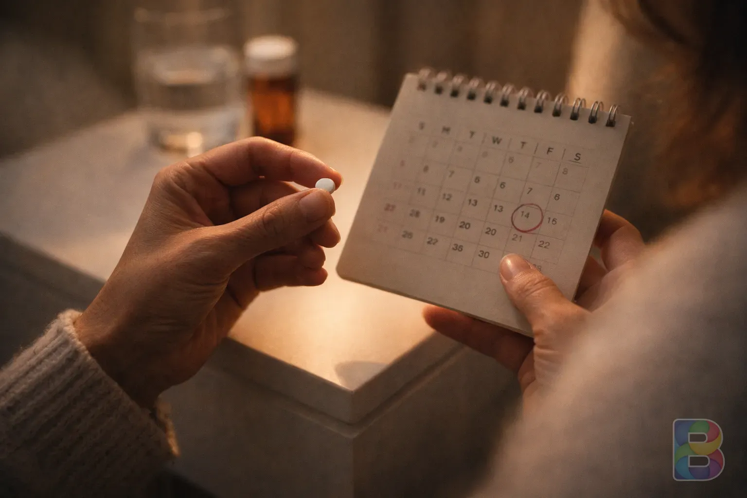 photorealistic, detail shot of a woman's hands holding a small pill and a calendar, focused on the routine of medication, warm indoor lighting, cinematic feel
