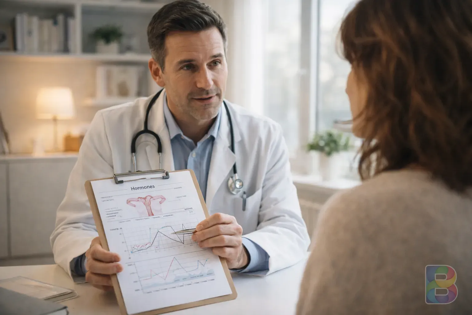 photorealistic, professional doctor explaining a medical chart to a patient in a bright modern office, reassuring and clear communication, cinematic lighting