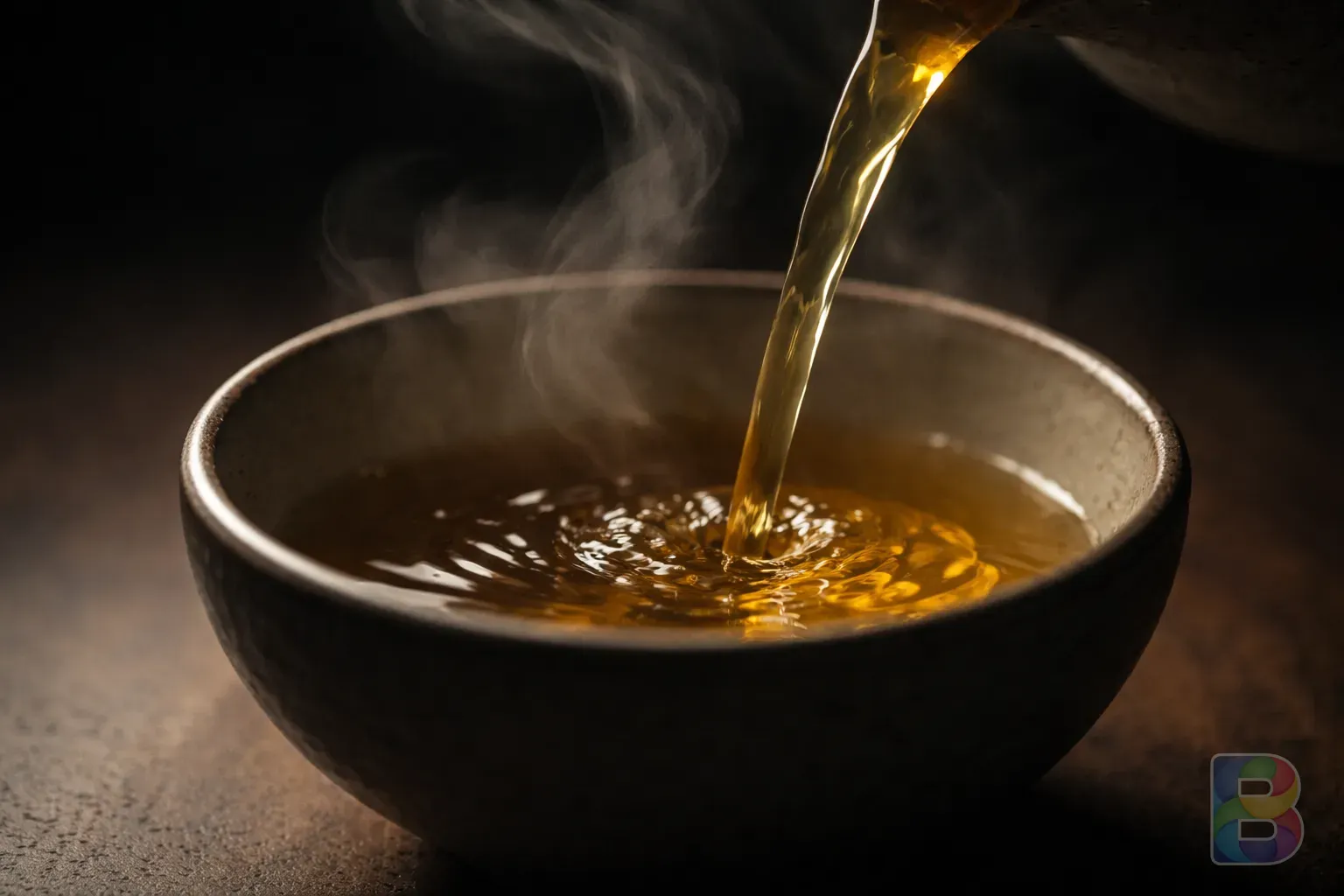 photorealistic, macro shot of golden yellow liquid being poured into a ceramic bowl, steam rising, high contrast, minimalist aesthetic