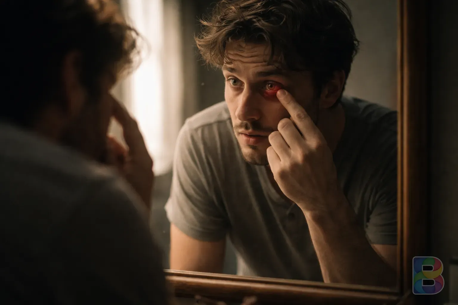 photorealistic, a person looking at their reflection in a mirror checking a red eye, soft morning light, emotional but calm mood