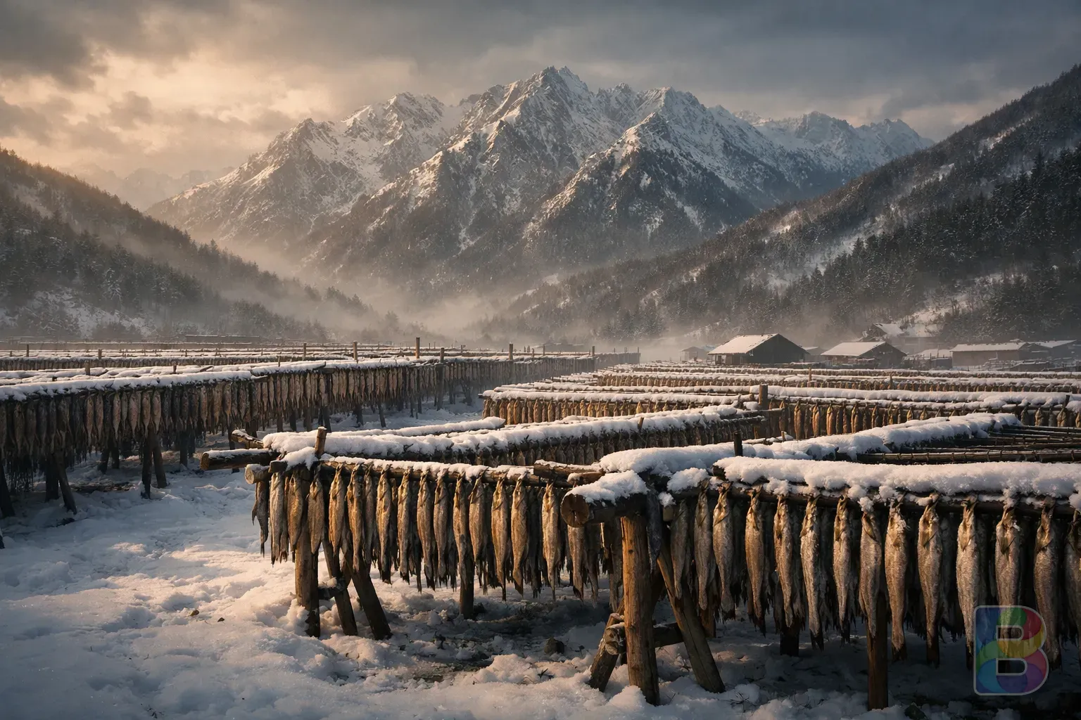photorealistic, wide shot of a traditional Korean drying yard (Deokjang) with rows of pollack hanging in the snow, winter mountain background, cinematic lighting, epic scale