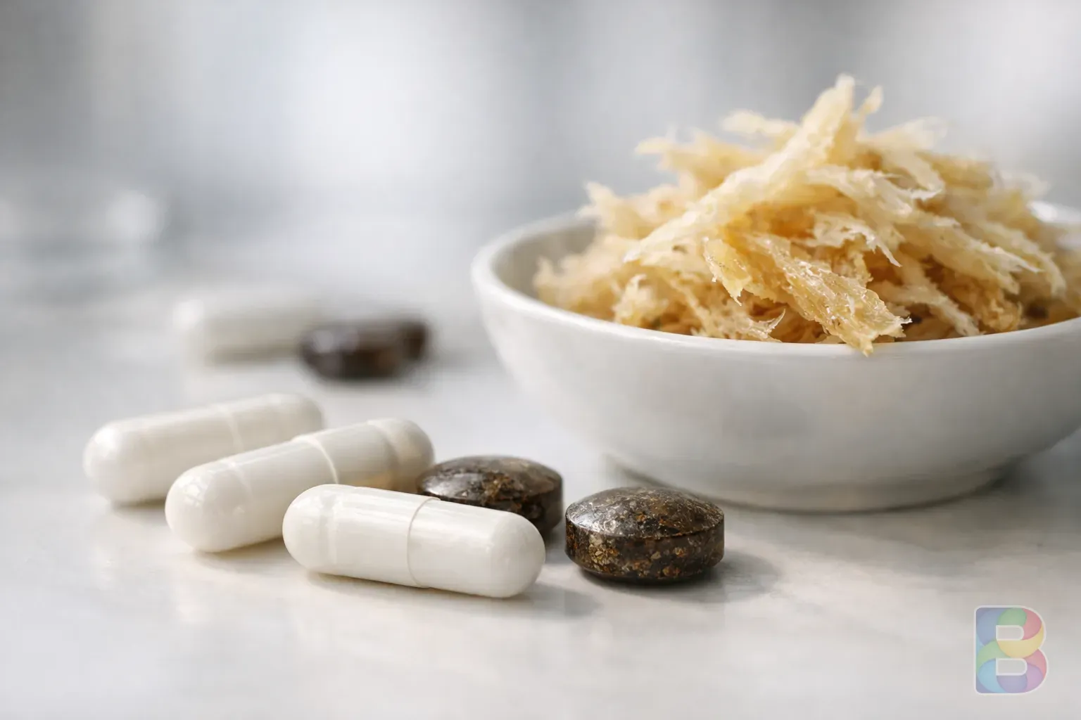 photorealistic, macro shot of amino acid supplement pills next to a bowl of dried pollack, clean clinical background, soft natural lighting