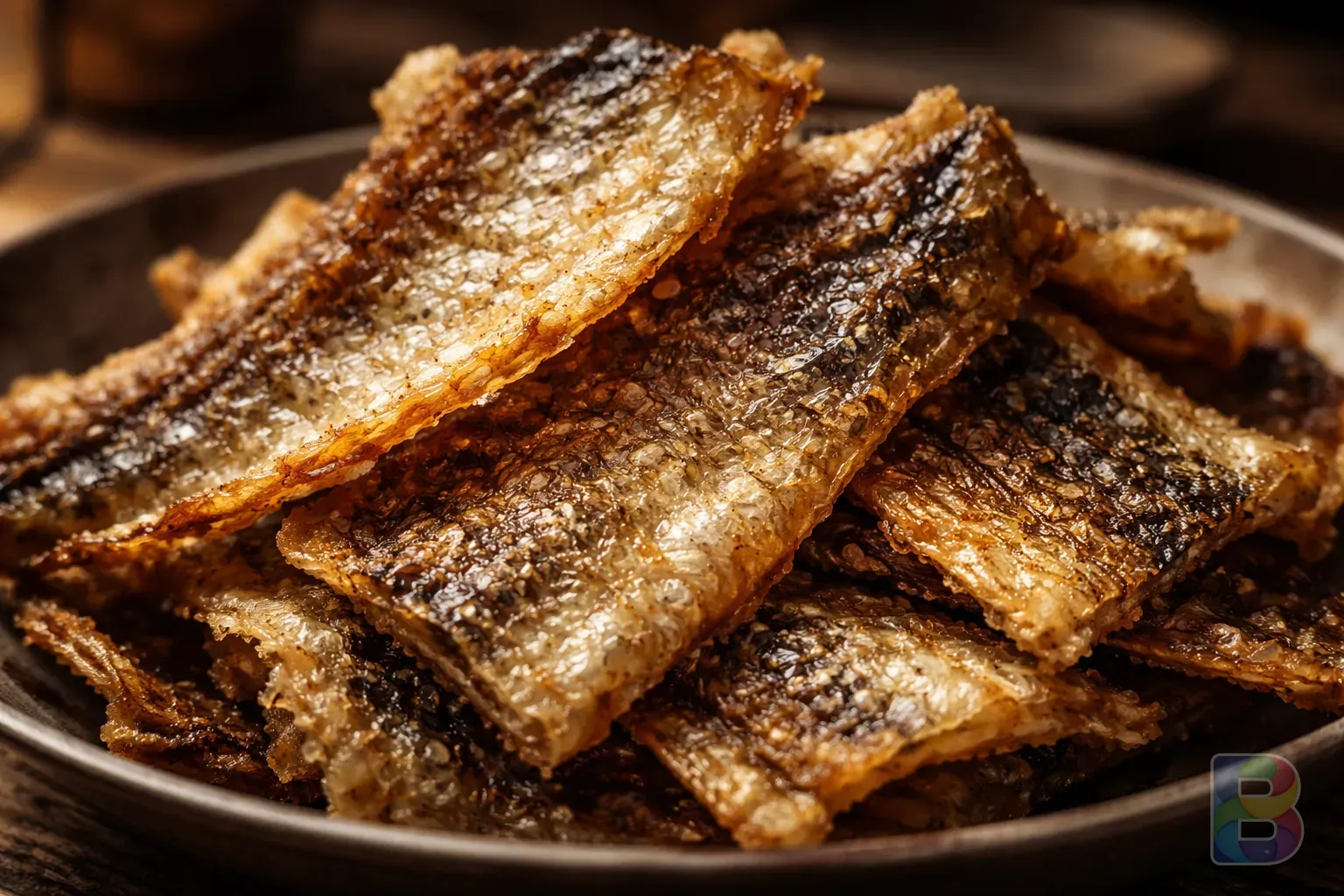photorealistic, detail shot of crispy fried fish skin (Hwangtae-껍질), golden brown, macro photography, appetizing texture, soft kitchen light