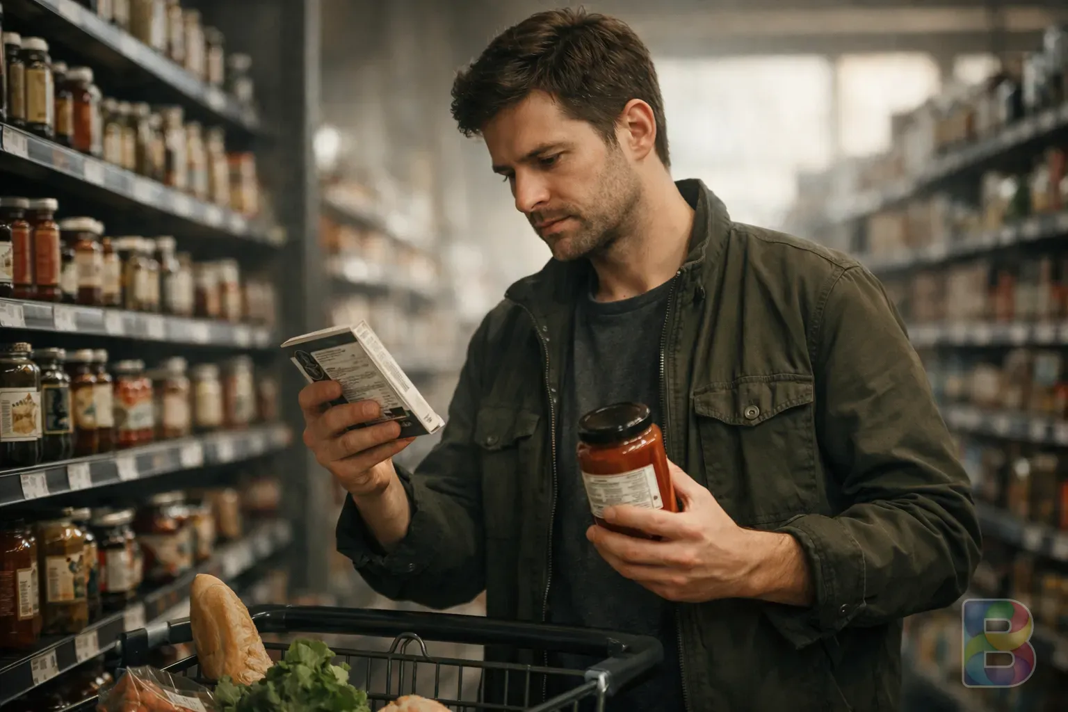 photorealistic, a person checking food label and comparing items at a grocery store, soft daylight, focused and calm atmosphere