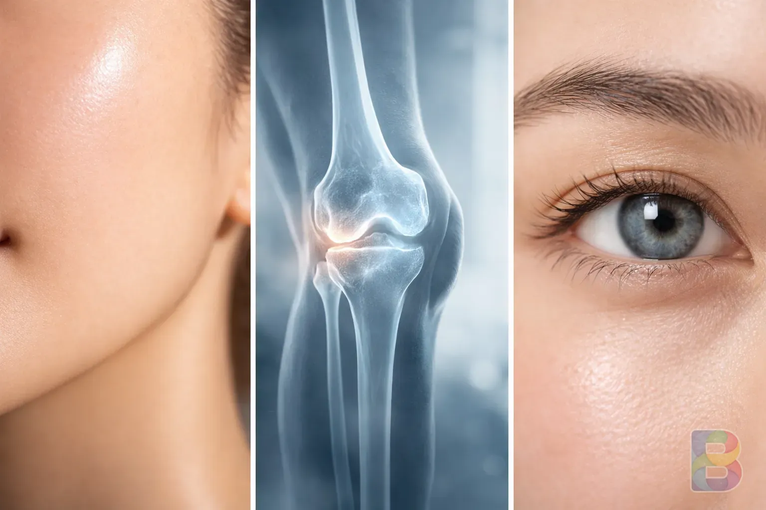 photorealistic, collage of healthy skin, a flexible joint, and a clear eye, soft natural lighting, high detail, clean medical aesthetic