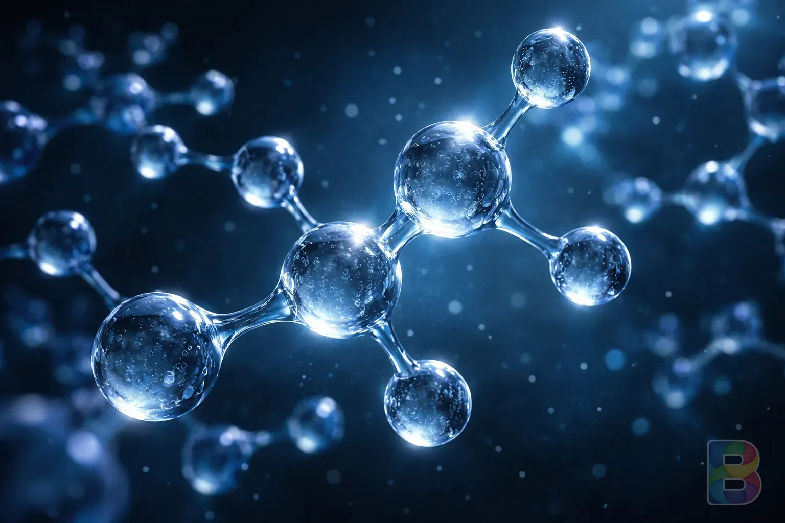 photorealistic, 3D molecular structure of hyaluronic acid glowing in a deep blue space, cinematic lighting, scientific yet artistic representation