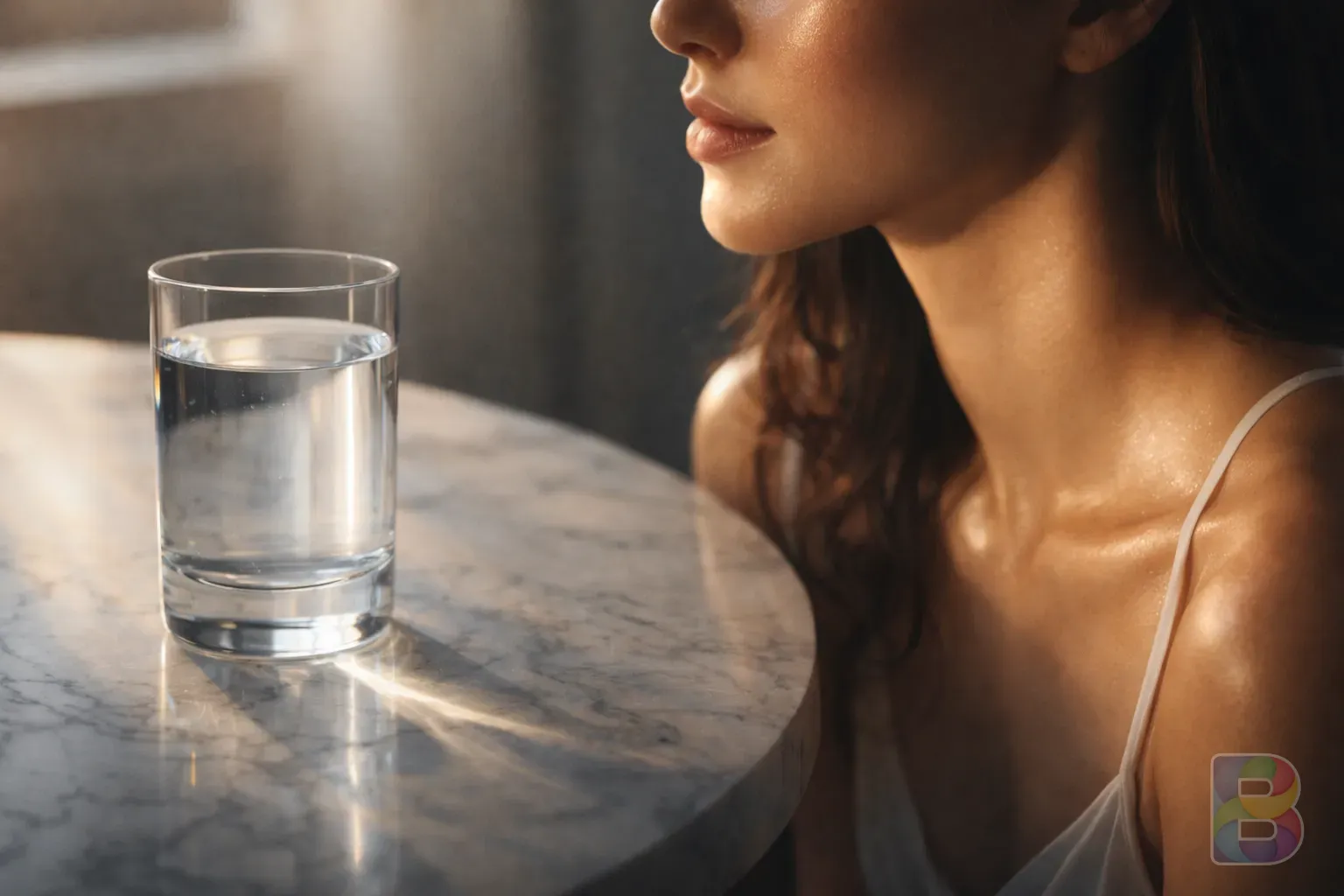 photorealistic, detail shot of healthy glowing skin and a glass of water on a marble table, soft natural morning light, cinematic lighting