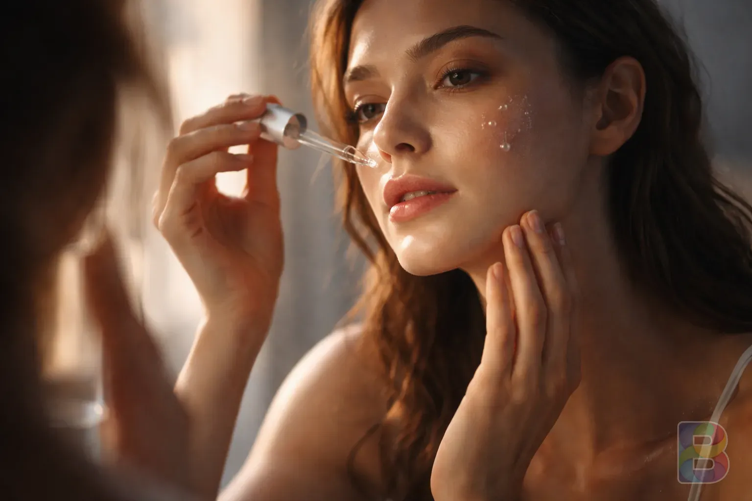 photorealistic, person applying clear serum to their face in front of a mirror, soft focus, morning light, high detail
