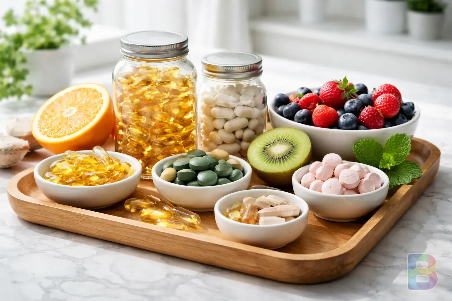 photorealistic, selection of supplements and fresh fruits on a wooden tray, clean aesthetic, bright clinical light