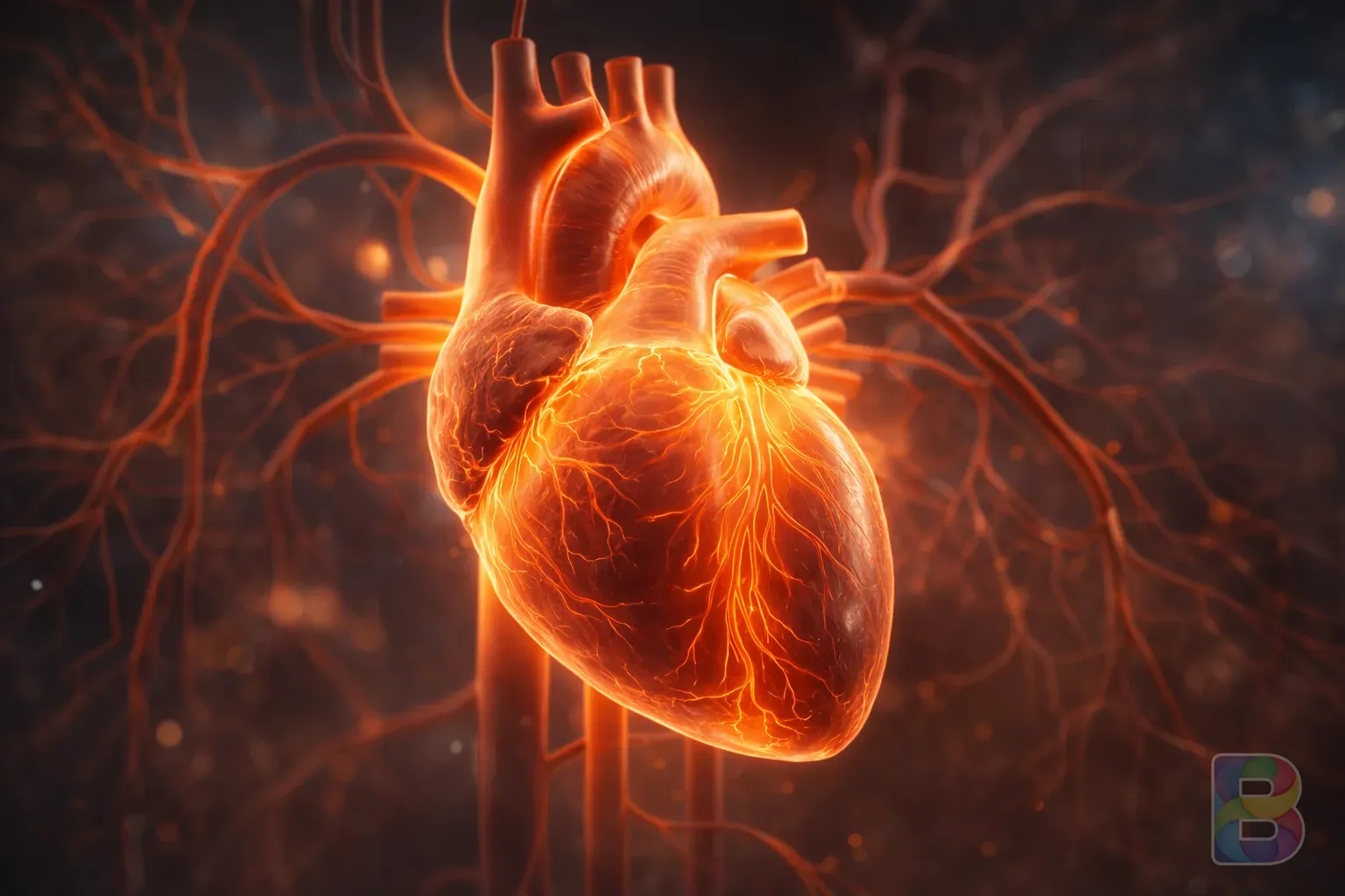 photorealistic, detail shot of a human heart and arteries shown as a glowing anatomical 3D model, cinematic lighting, medical visualization, high detail