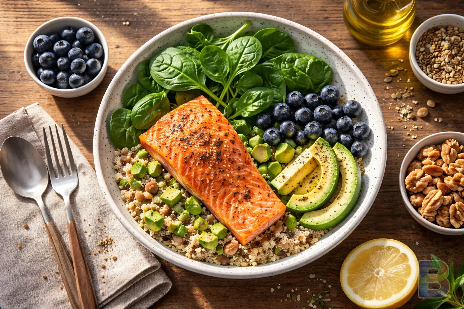 photorealistic, overhead shot of a colorful healthy meal with salmon, spinach, blueberries, and walnuts, bright natural light, professional food photography