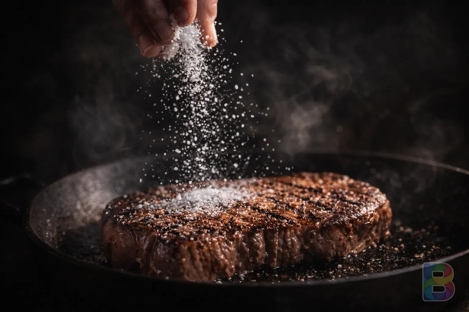 photorealistic, detail shot of a hand sprinkling too much salt on a steak, dark moody background, high contrast, cinematic lighting