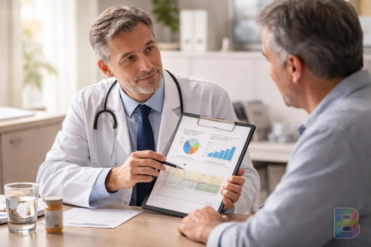 photorealistic, a professional doctor explaining a health chart to a middle-aged patient in a bright consultation room, reassuring and clinical vibe
