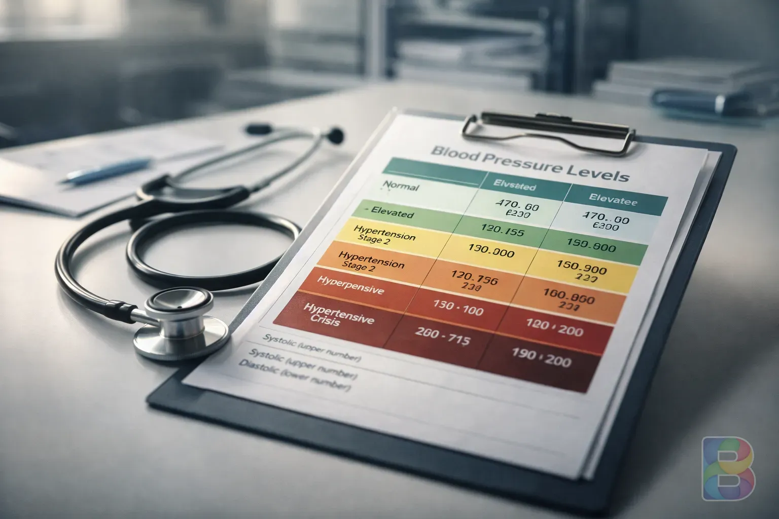 photorealistic, a medical chart showing blood pressure levels, stethoscope lying next to it on a clean white desk, professional clinical setting, soft lighting