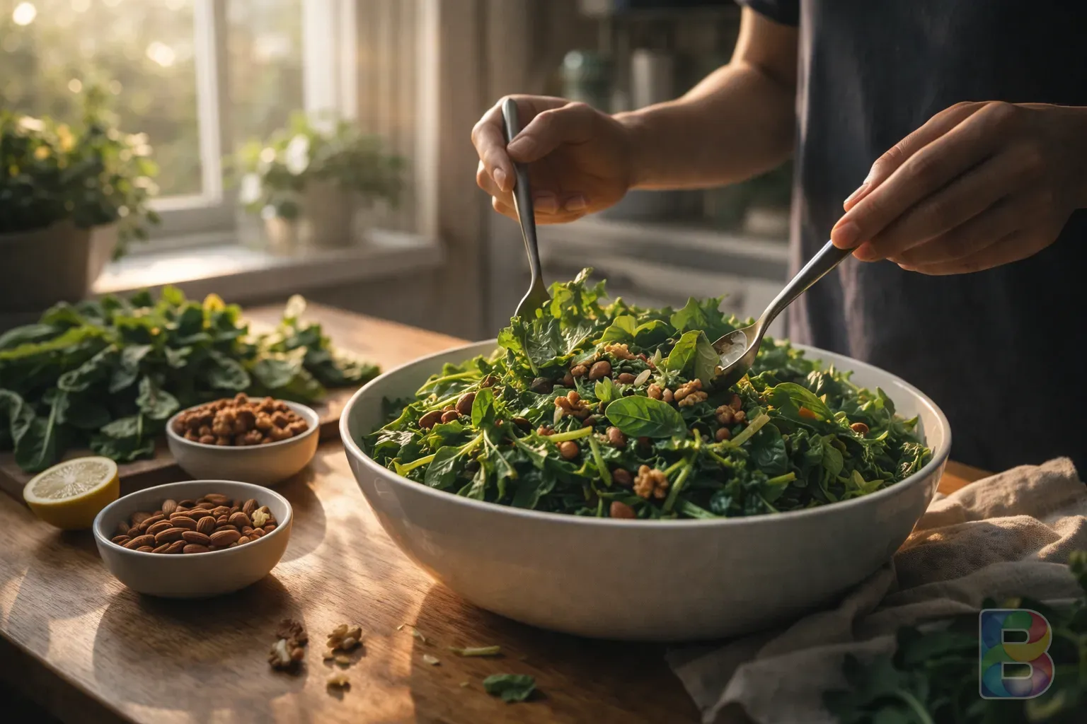 photorealistic, a person preparing a fresh salad with leafy greens and nuts, vibrant colors, sunlight through a window, healthy lifestyle vibe, cinematic lighting