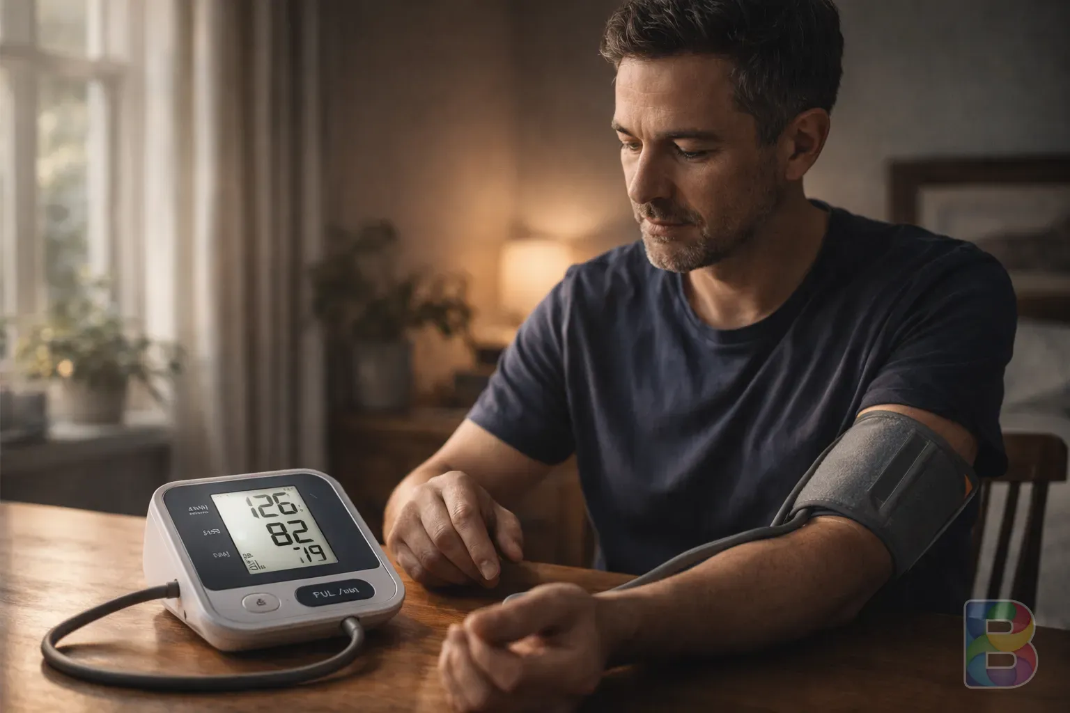 photorealistic, a person measuring their blood pressure at home, looking calm, soft domestic lighting, high detail, high quality