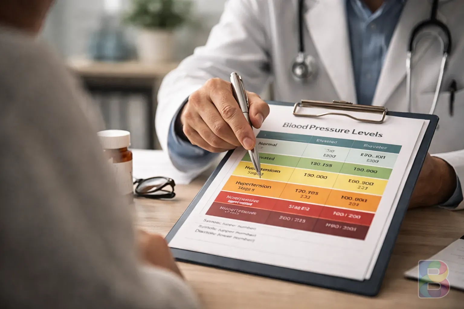photorealistic, a doctor's hand pointing at a medical chart during a consultation, blurred background of a clinic, reassuring and professional mood