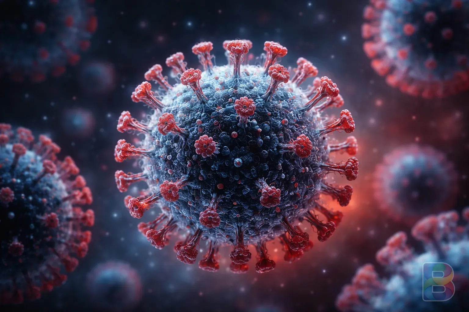 photorealistic, macro shot of virus particles or medical illustration of influenza virus, cold blue and red tones, scientific but cinematic lighting