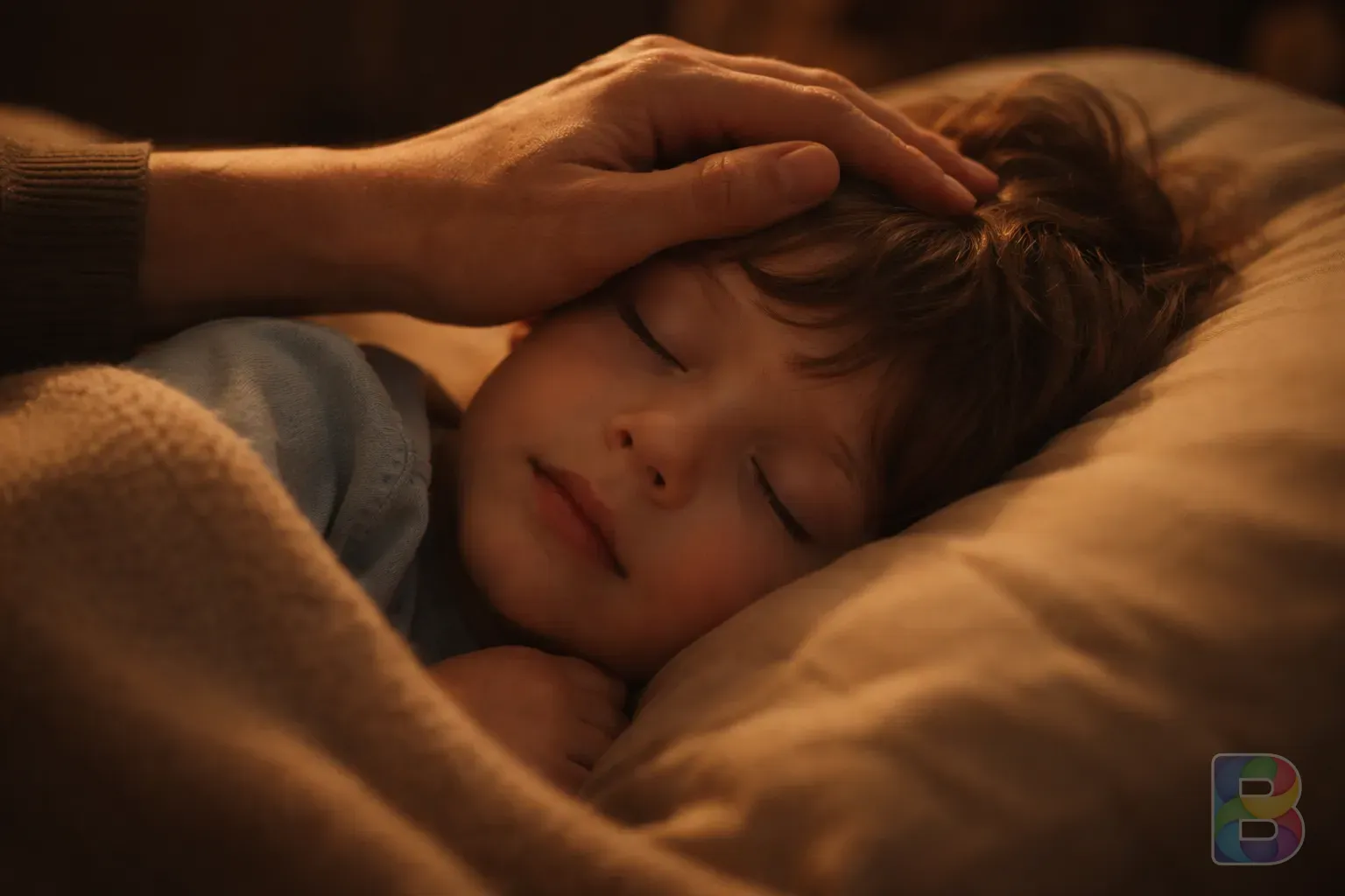 photorealistic, detail shot of a parent's hand touching a child's forehead, warm lighting, emotional comfort, high detail