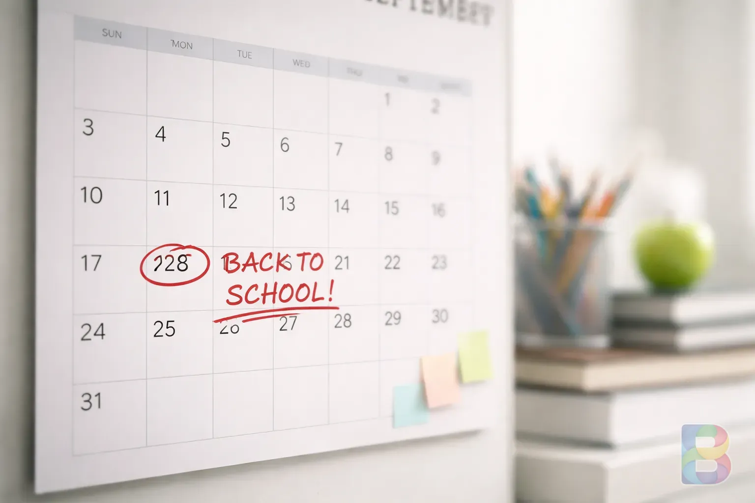 photorealistic, a calendar with marked dates and a 'back to school' sign in the background, soft focus, clinical clean mood