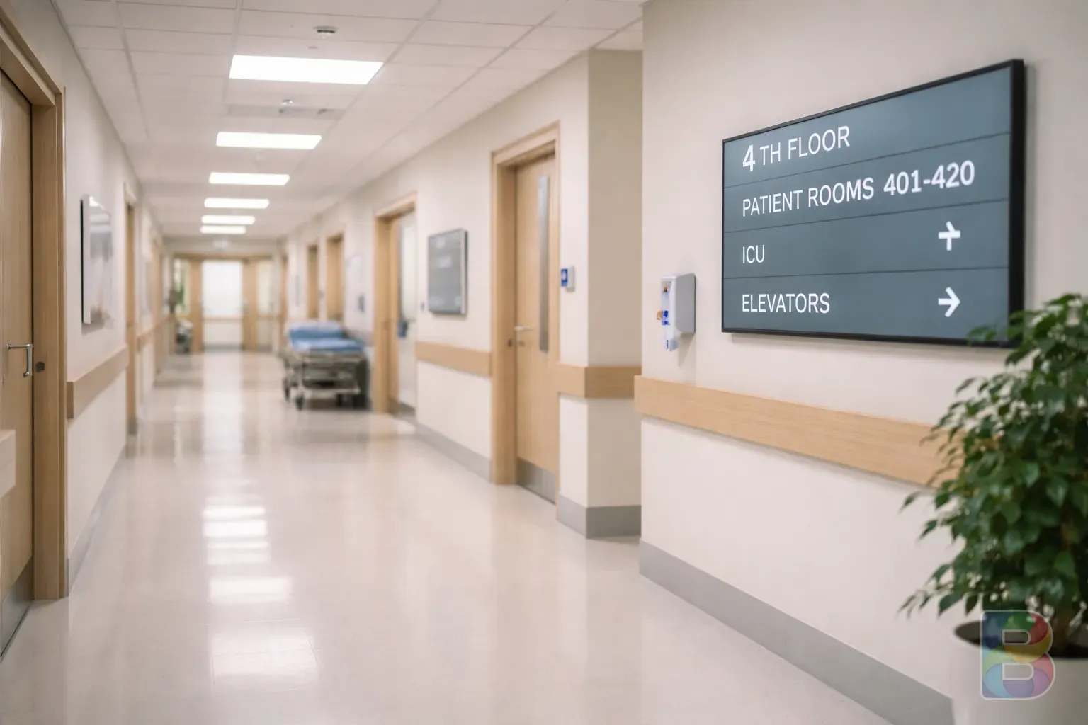 photorealistic, a clean modern hospital hallway with a digital display, focused atmosphere, reassuring and professional