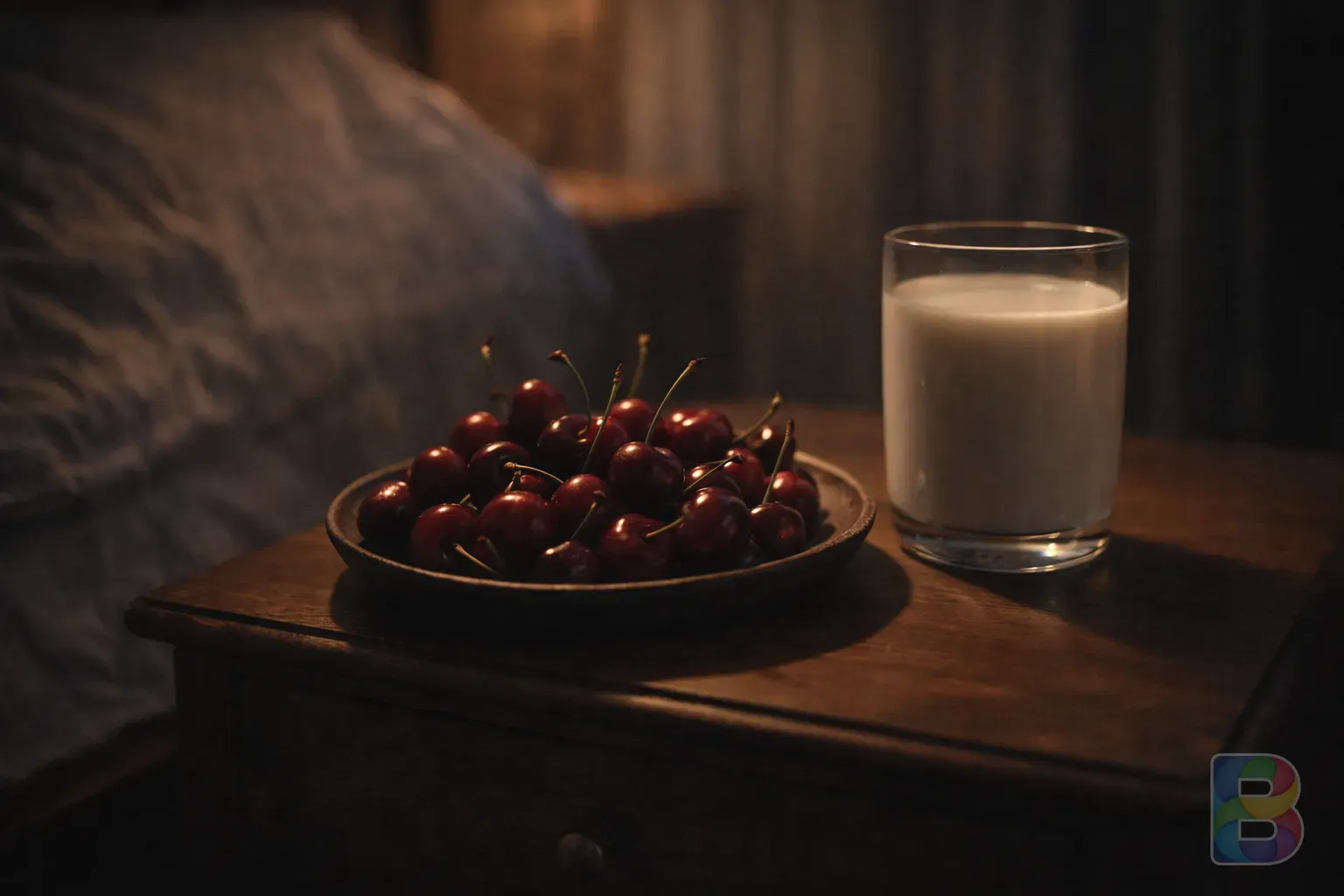 photorealistic, detail shot of fresh tart cherries and a glass of milk on a wooden nightstand, soft warm lighting, cinematic mood