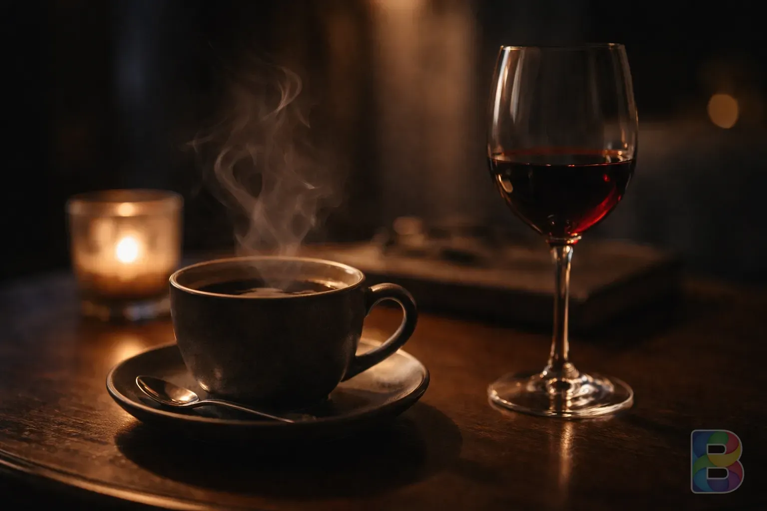 photorealistic, close-up of a steaming cup of coffee and a glass of red wine on a table at night, dark moody background, cinematic lighting