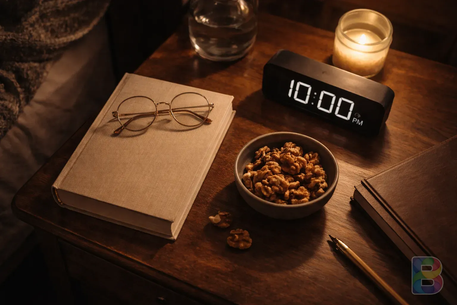 photorealistic, flat lay of a bedtime routine including a book, a small bowl of walnuts, and a digital clock showing 10 PM, soft warm lighting