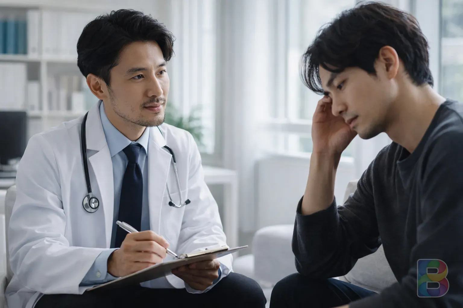 photorealistic, a modern doctor consulting with a patient about sleep issues, bright clinical office, empathetic atmosphere