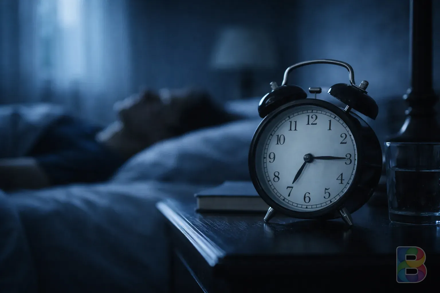 photorealistic, close-up of a vintage alarm clock showing 3:15 AM on a bedside table, blurred person in background, soft blue moonlight, cinematic lighting