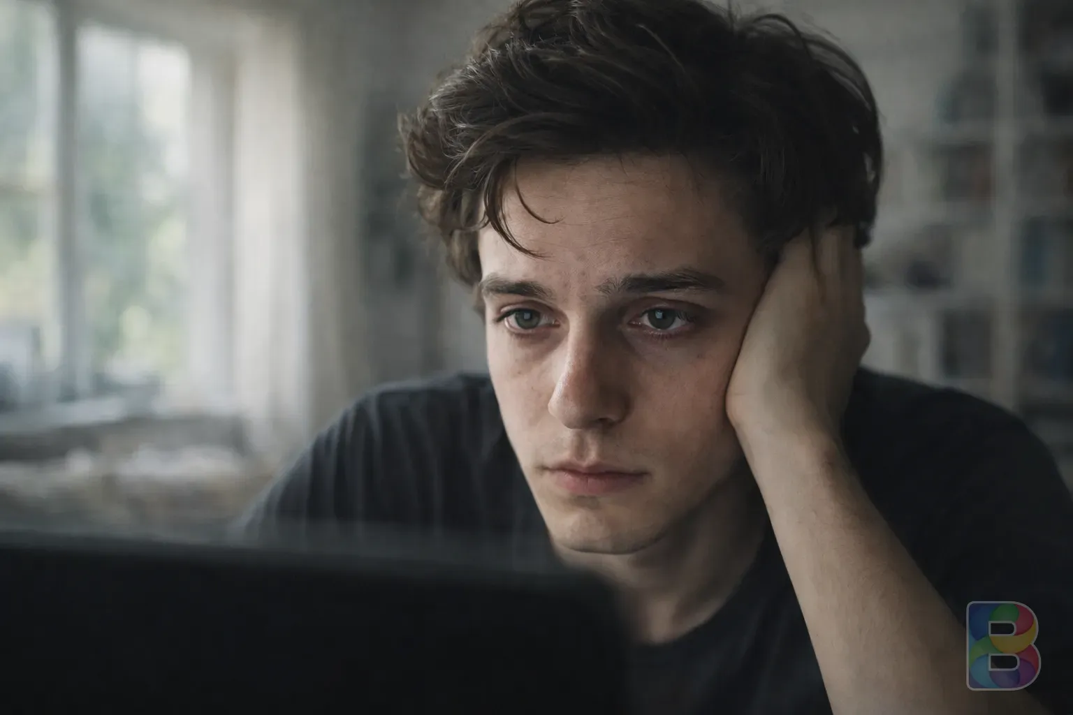 photorealistic, a person looking tired in front of a computer screen during the day, soft natural light, high detail, focus on eyes with slight dark circles