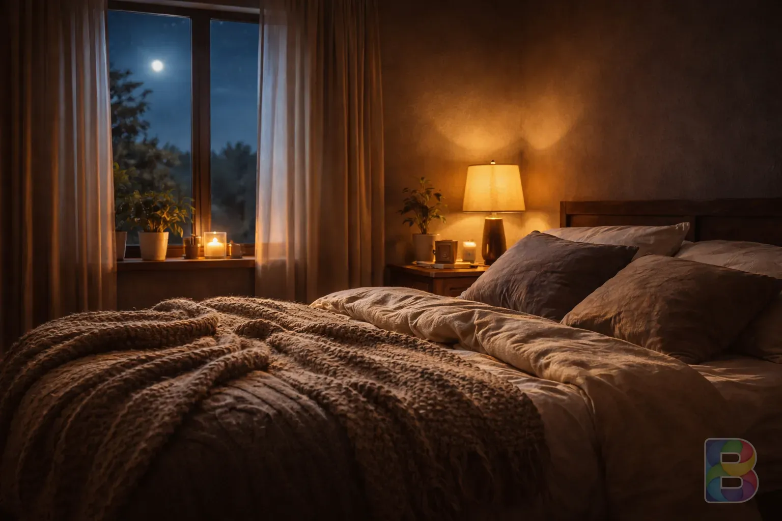 photorealistic, a cozy bedroom with warm amber lighting, heavy textured blankets, a window showing night sky, calm and safe mood