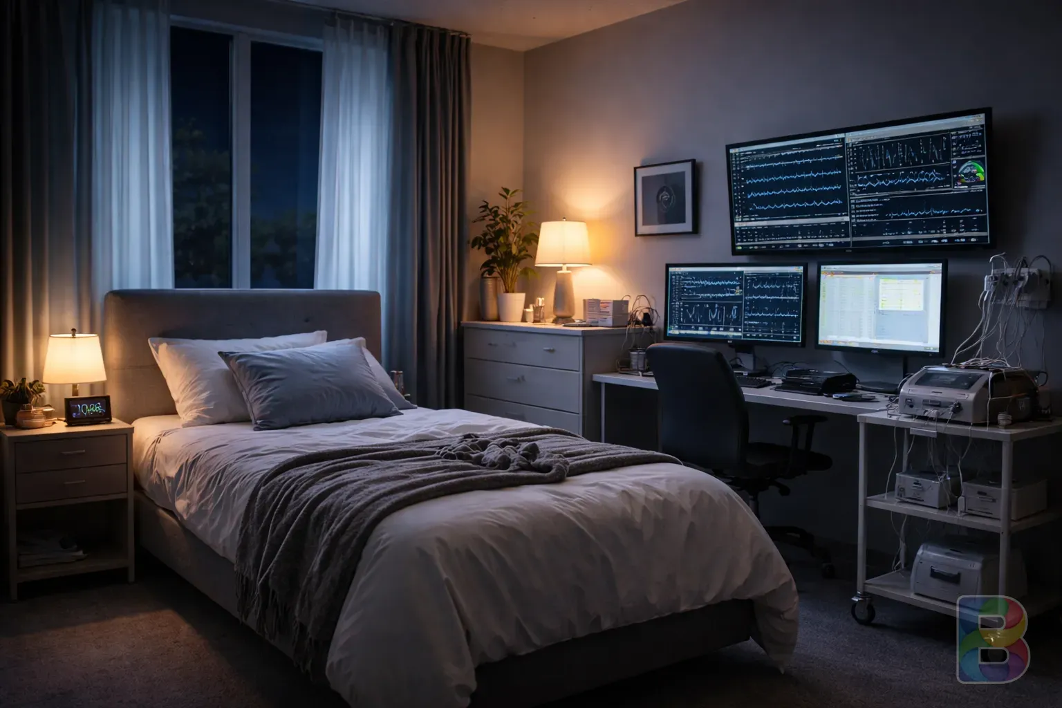 photorealistic, a professional sleep clinic room with monitoring equipment, clean and modern interior, reassuring atmosphere