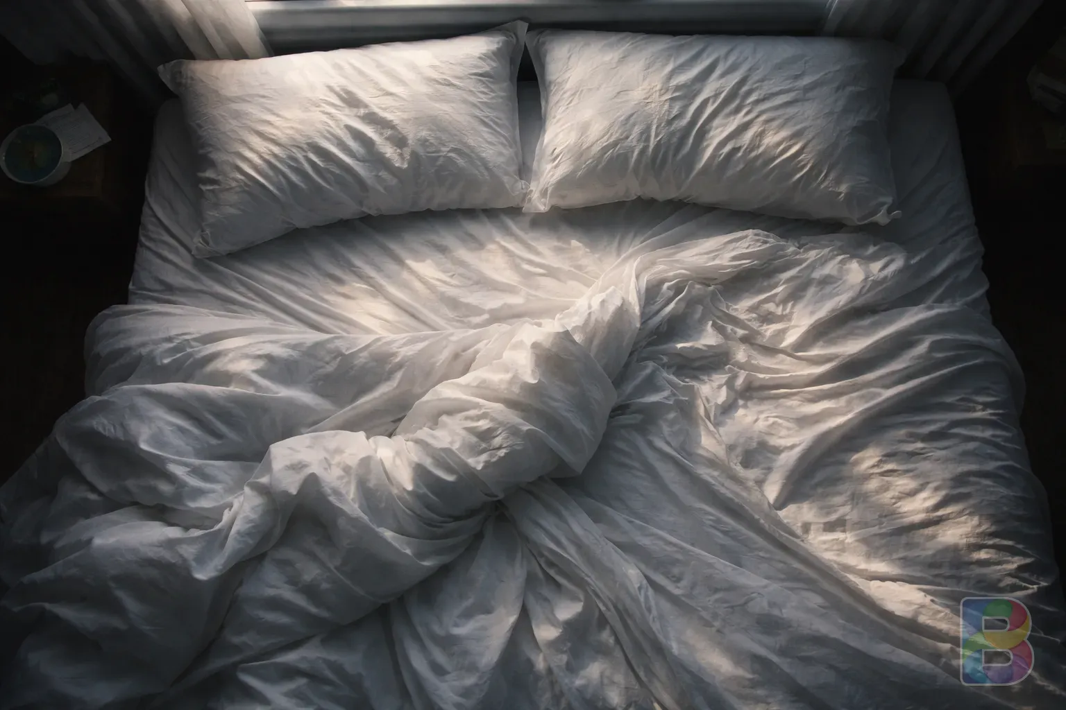 photorealistic, top view of a messy bed with white linen, soft morning light, serene but melancholic mood, cinematic lighting