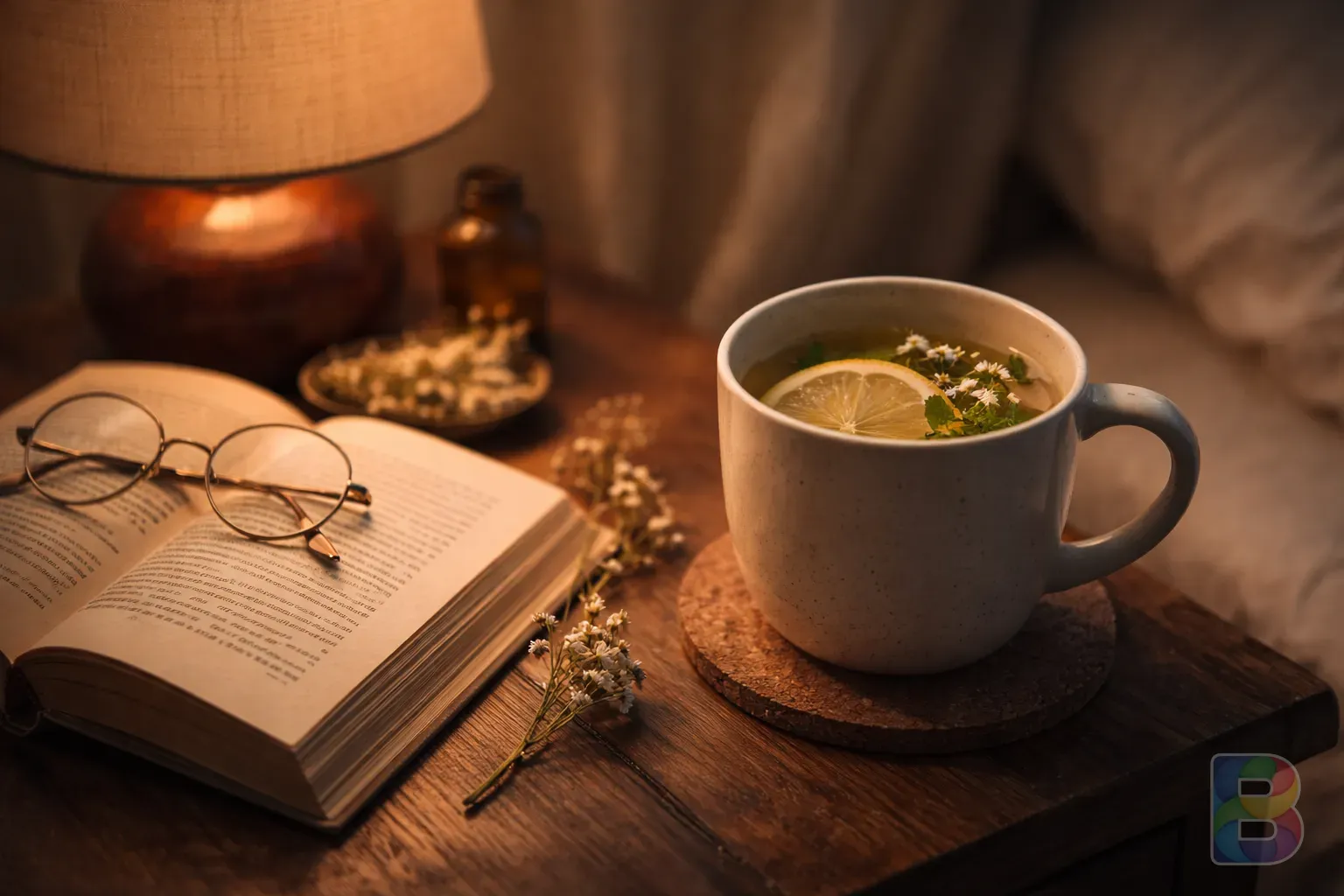 photorealistic, detail shot of a warm cup of herbal tea next to a book on a wooden nightstand, soft warm lamp light, cozy and calm mood