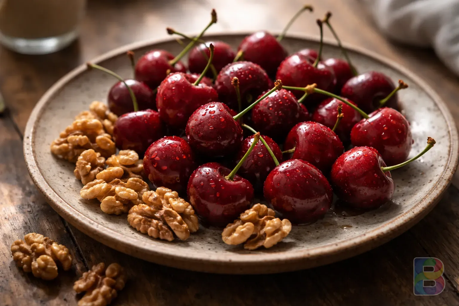 photorealistic, close-up of fresh tart cherries and walnuts on a rustic plate, soft natural light, high detail food photography