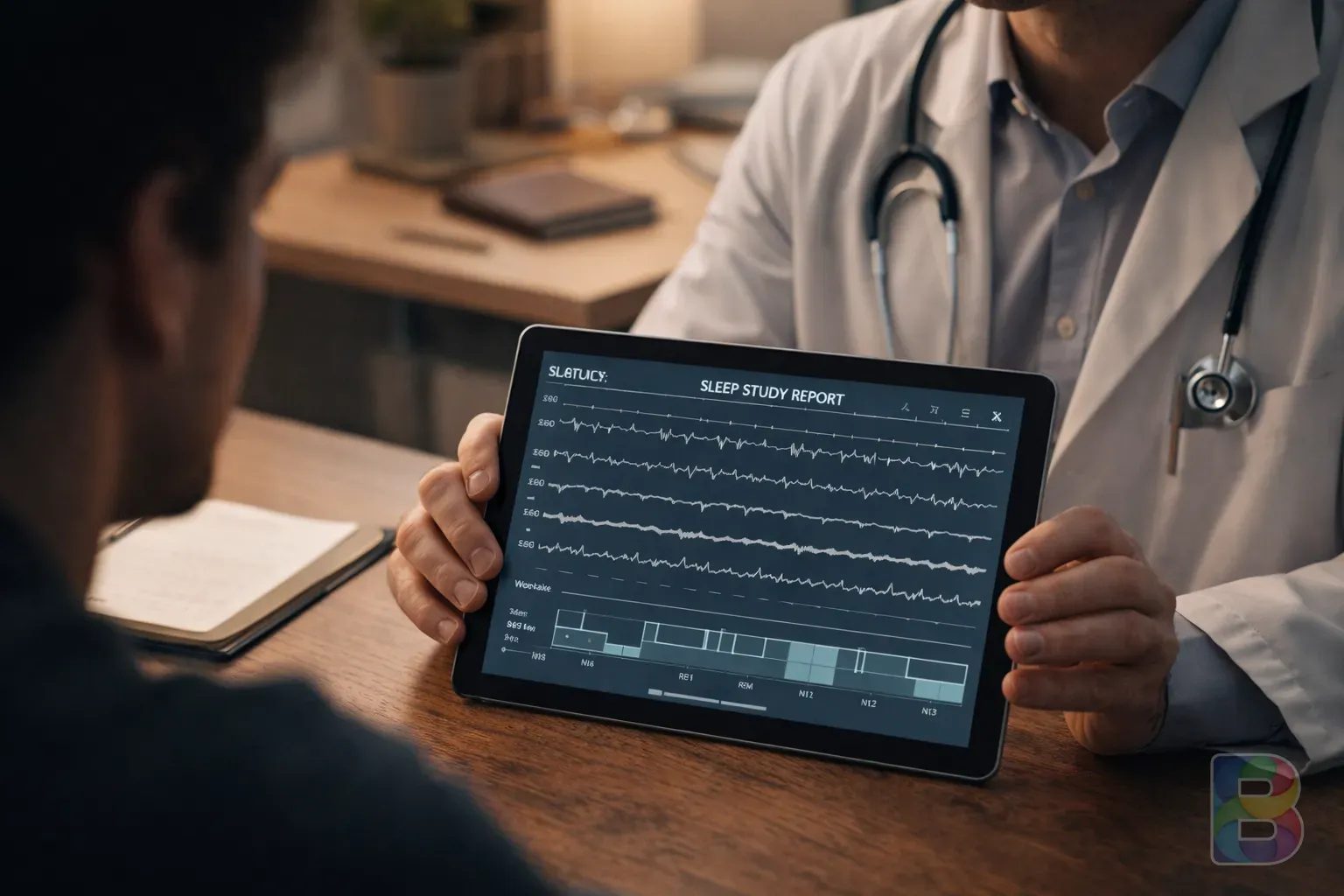 photorealistic, doctor holding a tablet showing a sleep study graph to a patient in a modern office, clinical but warm lighting