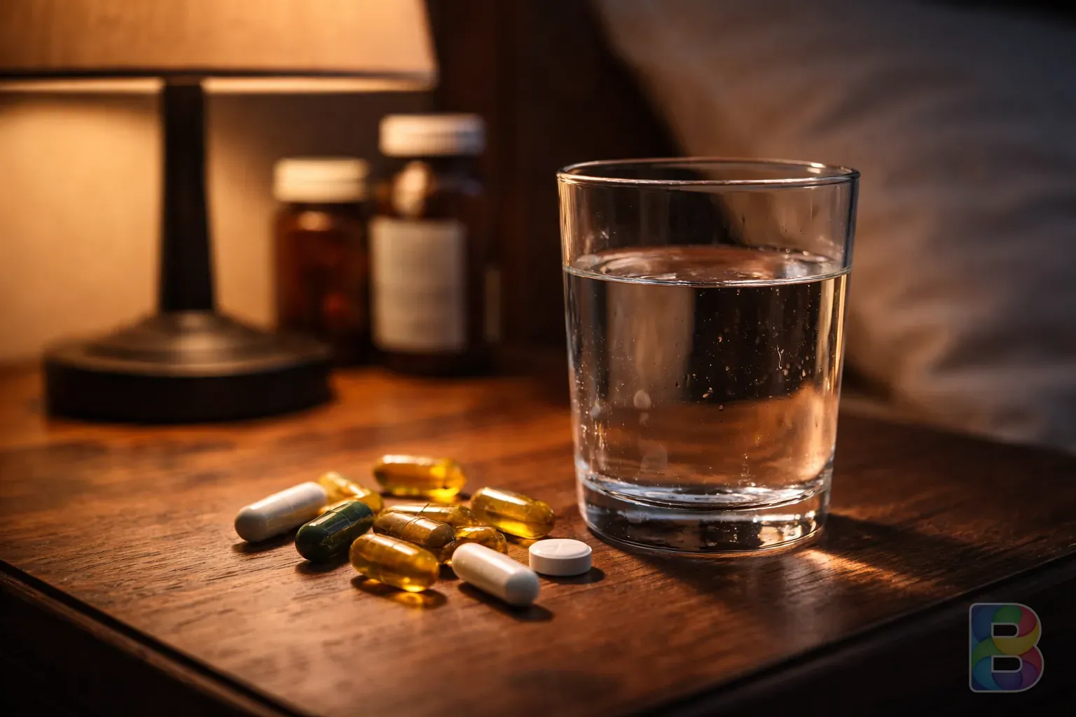 photorealistic, close-up of a glass of water and various natural supplement capsules on a wooden bedside table, warm lamp light, cinematic lighting, cozy atmosphere