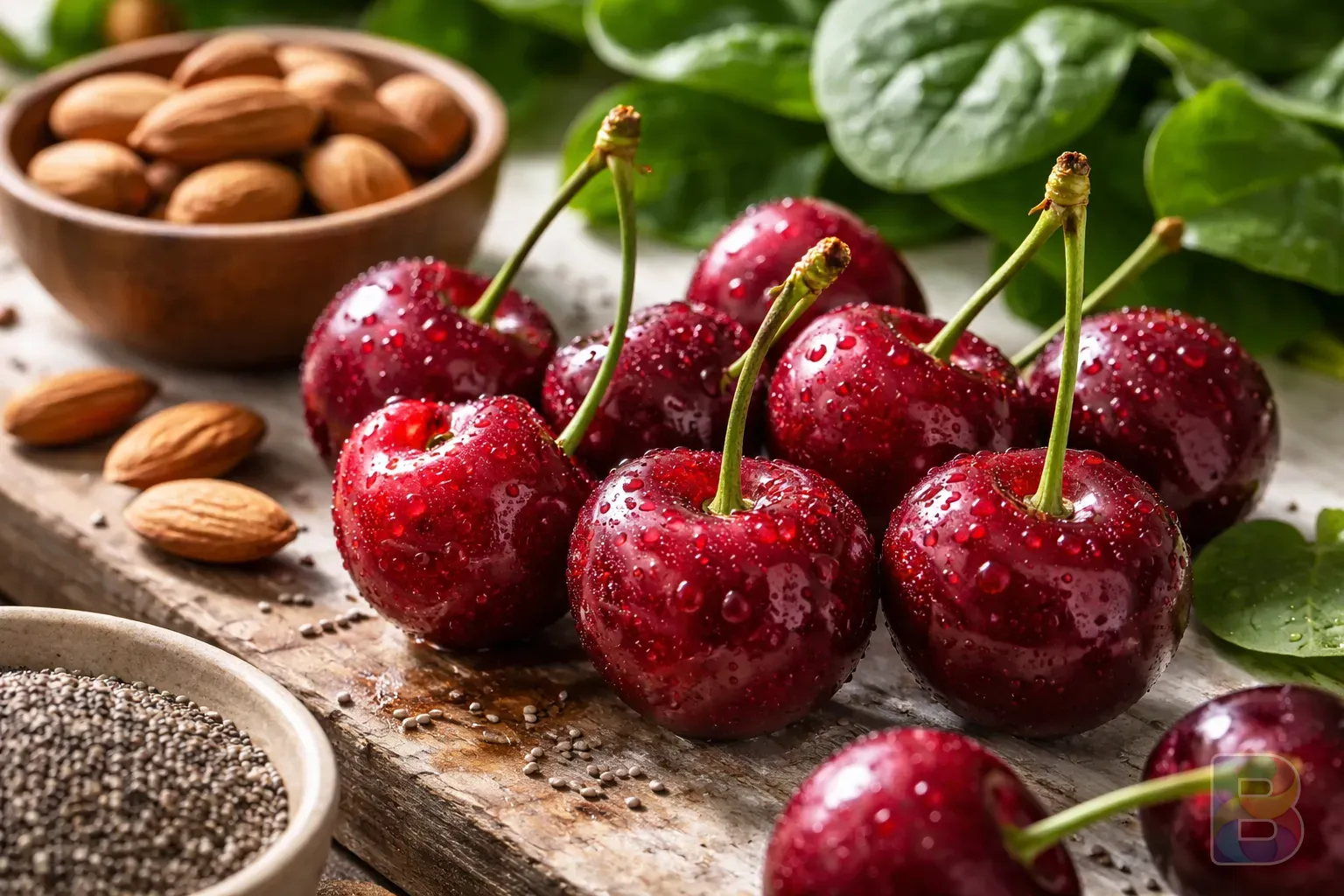 photorealistic, macro shot of tart cherries with water droplets, and magnesium rich foods like almonds and spinach in the background, bright natural lighting, fresh feeling